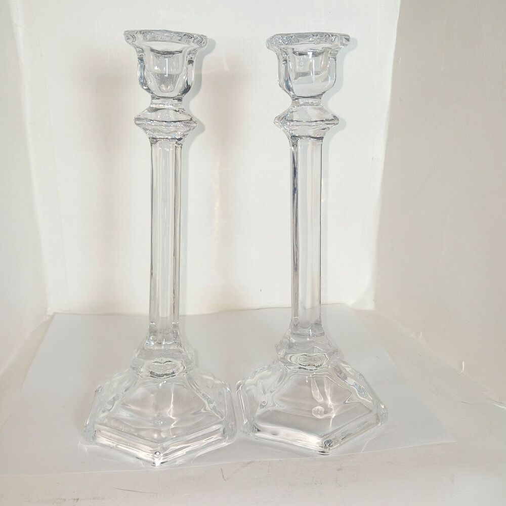 Pair of 2 Clear Glass Hexagonal Candlestick Holders 9” Tall Holiday Centerpiece